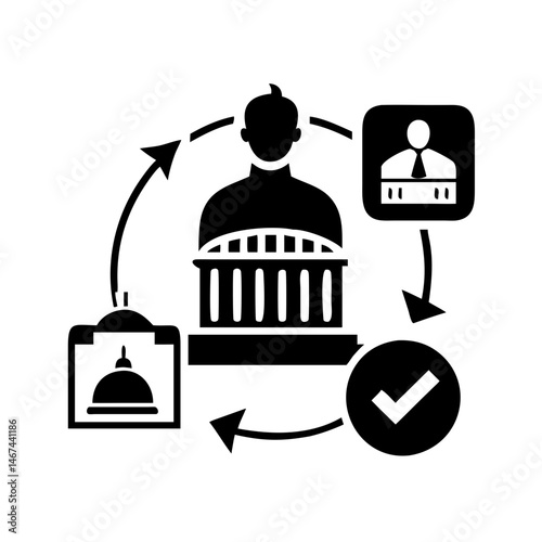 Government process cycle involving buildings, people, decisions and the concept of approval