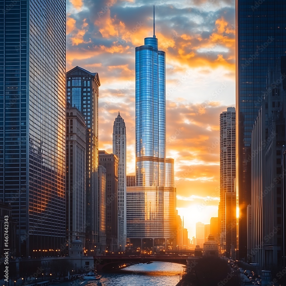 Fototapeta premium Modern Urban Skyline Featuring Skyscrapers and Reflections at Sunset High Resolution Picture
