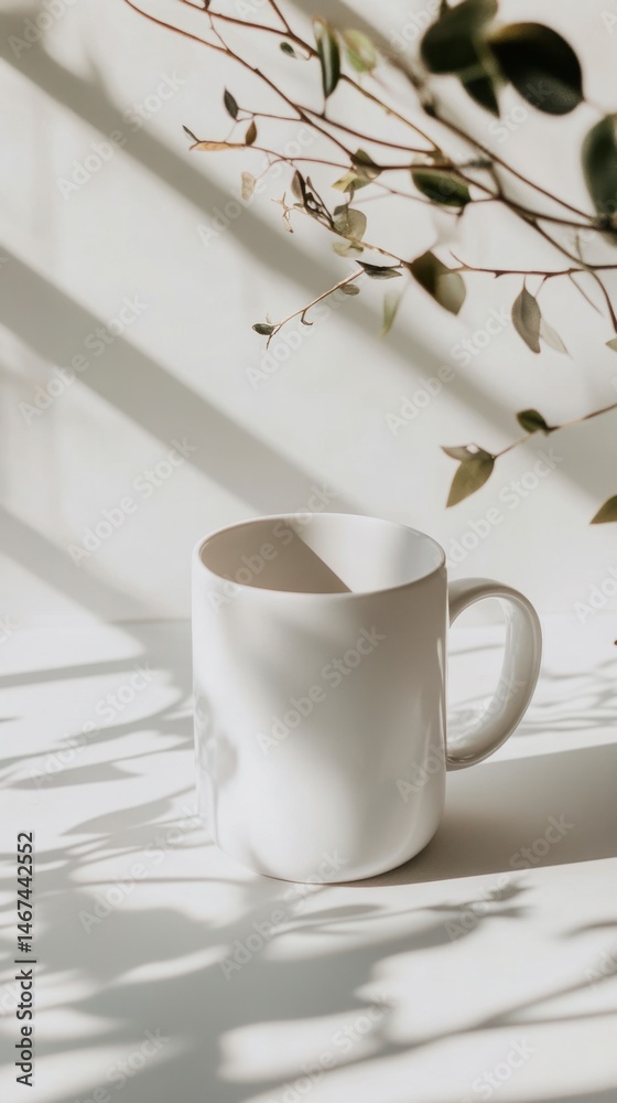 Fototapeta premium Minimalistic White Mug Surrounded by Soft Shadows and Greenery