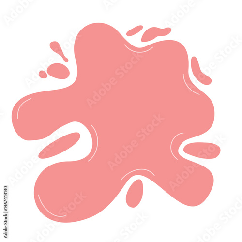 Fluid splatter with glossy surface and droplets scattered around. Smooth abstract curved liquid blob shape. Modern design element for creative backgrounds or decorative purposes