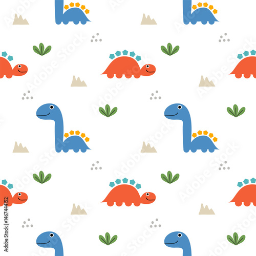 Dinosaur blue and red cartoon so cute. On grass mountain white background. Pattern seamless vector illustration. 