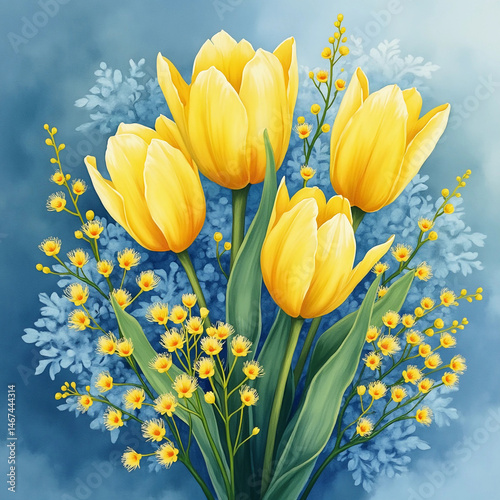 Yellow tulips and spring flowers on a blue background. Watercolor painting on paper.