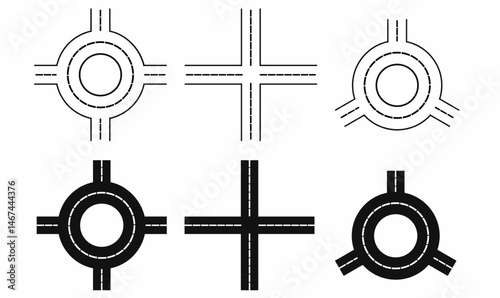 Vector icon set of road intersections and roundabouts in outline and solid style. Perfect for maps, city planning, GPS UI, or transportation design elements.