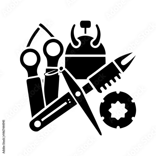 Black Silhouette of a Multifunctional Tool Set for Outdoor Activities