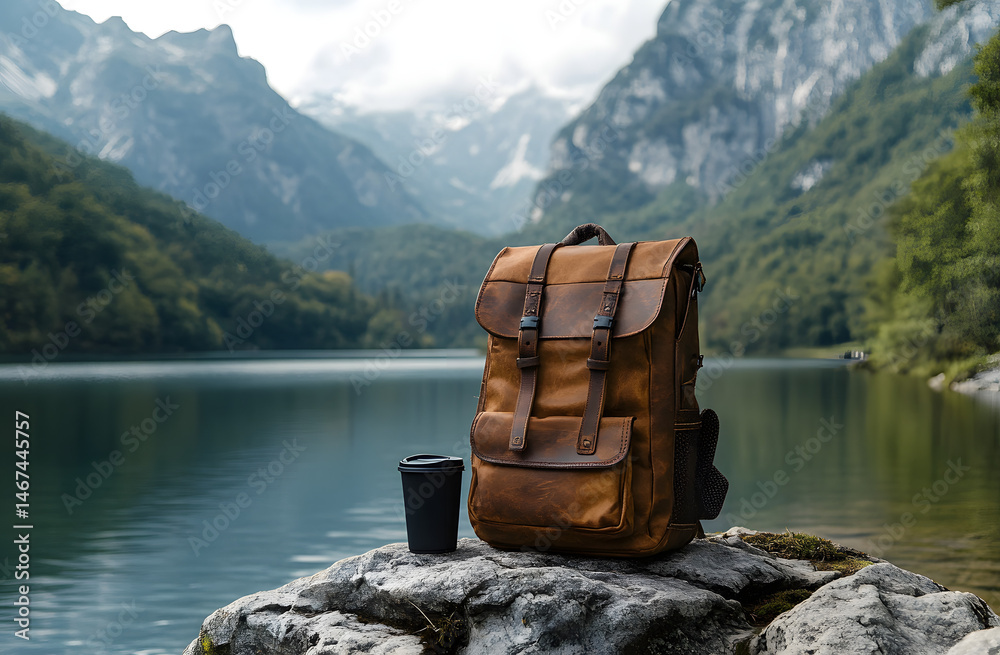 Lightweight brown backpack with black cup rests on rock near tranquil lake. Natural background mountains hills forest. Summer hiking camping trip adventure. Concept travel tourism expedition journey