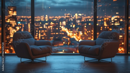 Cozy Modern Living Room with City View at Nightfall by Large Windows