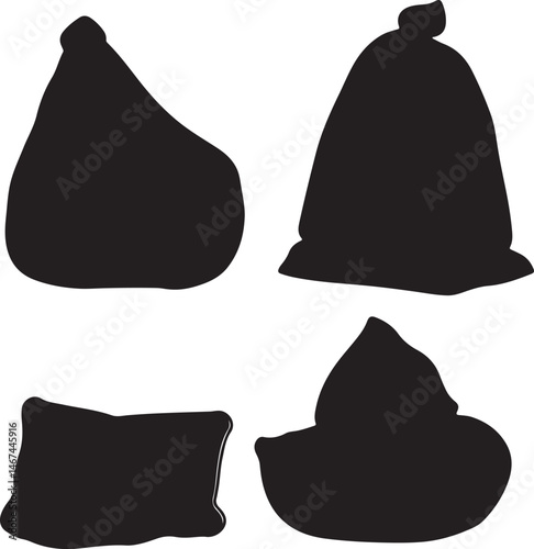Black Silhouette Illustrations of Beanbag Chairs, Pillows, and Cushions for Design