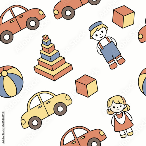 Seamless pattern design with toy icons for children can be used in children's living spaces such as bedding, clothes, wall patterns