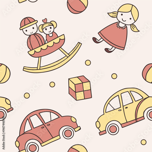 Seamless pattern design with toy icons for children can be used in children's living spaces such as bedding, clothes, wall patterns