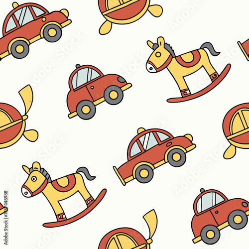 Seamless pattern design with toy icons for children can be used in children's living spaces such as bedding, clothes, wall patterns
