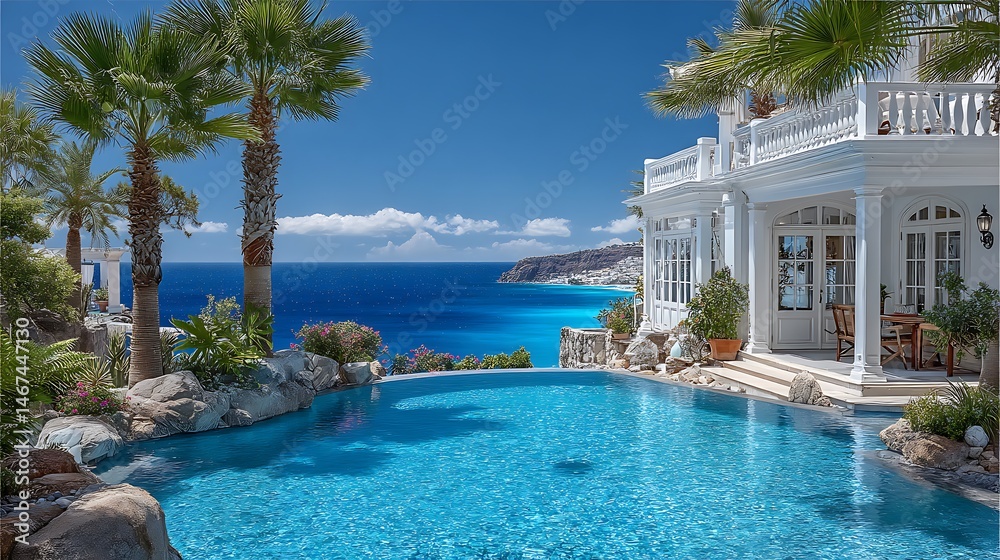 Fototapeta premium Luxury Villa with Infinity Pool, Ocean View, and Mediterranean Paradise.