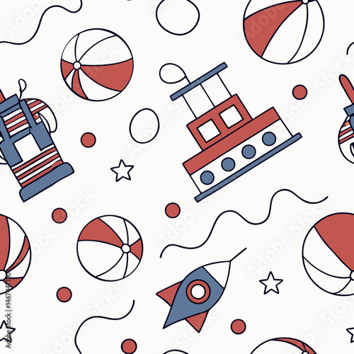 Seamless pattern design with toy icons for children can be used in children's living spaces such as bedding, clothes, wall patterns