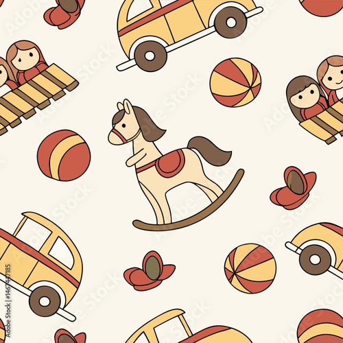 Seamless pattern design with toy icons for children can be used in children's living spaces such as bedding, clothes, wall patterns