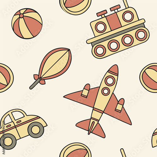 Seamless pattern design with toy icons for children can be used in children's living spaces such as bedding, clothes, wall patterns