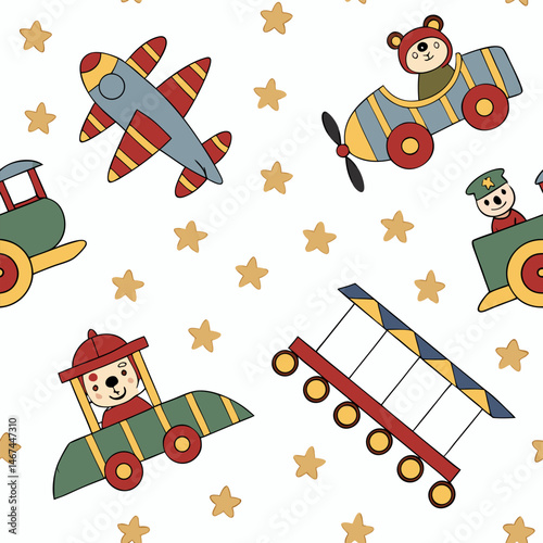 Seamless pattern design with toy icons for children can be used in children's living spaces such as bedding, clothes, wall patterns