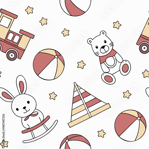 Seamless pattern design with toy icons for children can be used in children's living spaces such as bedding, clothes, wall patterns