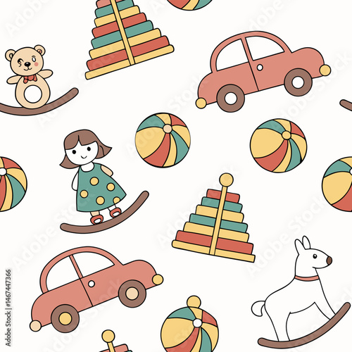 Seamless pattern design with toy icons for children can be used in children's living spaces such as bedding, clothes, wall patterns