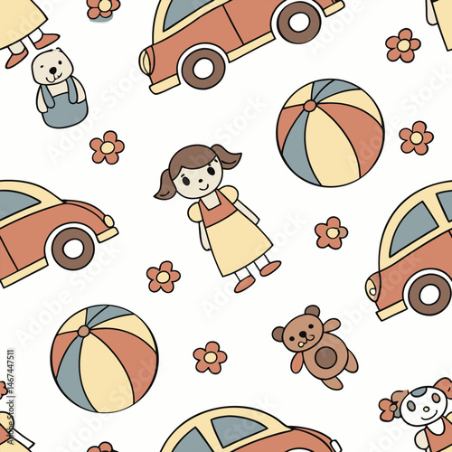 Seamless pattern design with toy icons for children can be used in children's living spaces such as bedding, clothes, wall patterns