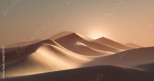 Fototapeta Naklejka Na Ścianę i Meble -  Golden hour casts a warm glow on undulating sand dunes, creating a serene desert landscape.