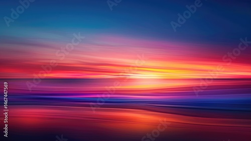 Vibrant sunset sky over calm ocean water. Abstract gradient landscape of blue, red , yellow and purple sky scape in sunset. Sunset scene with peaceful and tranquil atmosphere. Seascape. AIG51.