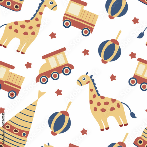 Seamless pattern design with toy icons for children can be used in children's living spaces such as bedding, clothes, wall patterns