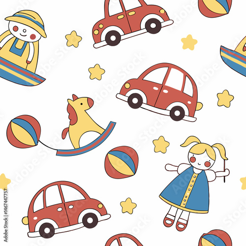 Seamless pattern design with toy icons for children can be used in children's living spaces such as bedding, clothes, wall patterns