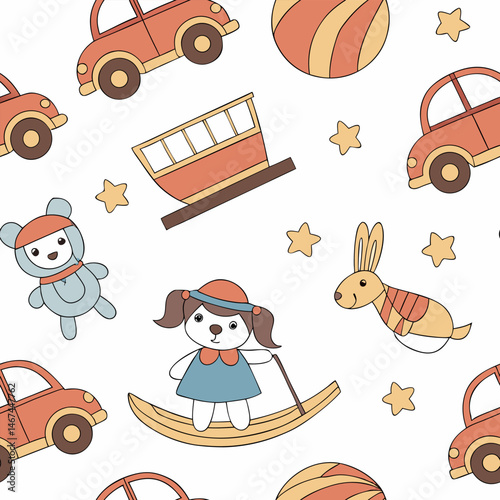 Seamless pattern design with toy icons for children can be used in children's living spaces such as bedding, clothes, wall patterns