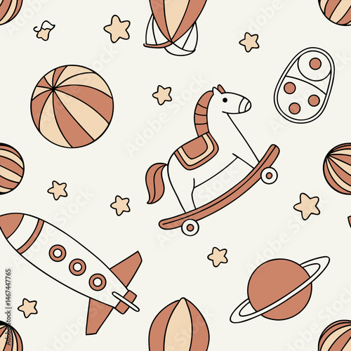 Seamless pattern design with toy icons for children can be used in children's living spaces such as bedding, clothes, wall patterns
