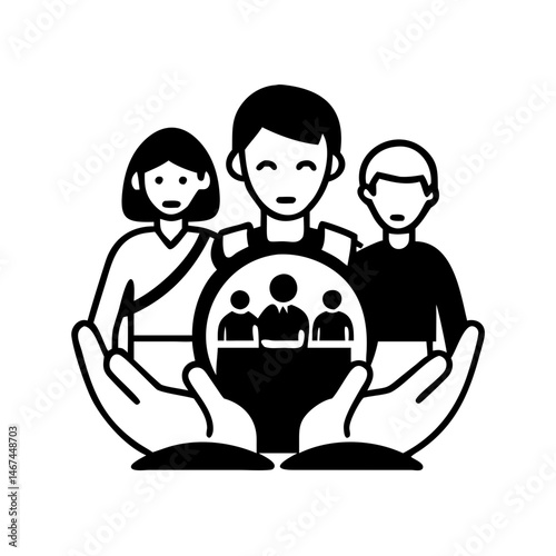 Diverse community within protective hands symbolizes team unity and support system