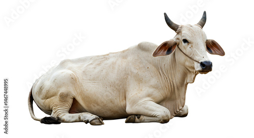 A relaxed, white cow lies peacefully on the ground, its form subtly highlighted against a simple dark background, showcasing the gentle nature of livestock with transparent background image style.