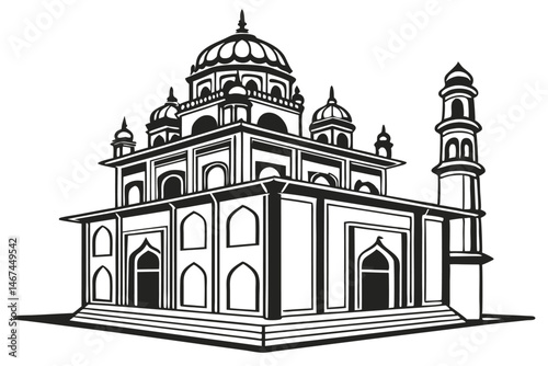174 Ancient temple silhouette, tiered pagoda structure, Hindu architecture, geometric shapes, black and white illustration, symmetrical design, ornate pillars, arched doorways, spiritual monument, ico
