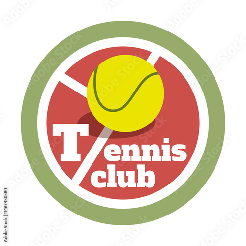 Vector illustration of tennis club logo featuring a stylized tennis ball and court elements. Flat design emblem for sports branding, athletic teams, tournaments, fitness clubs, logos, badges, signage.