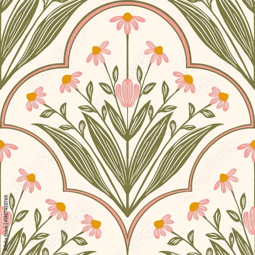 Fototapeta Naklejka Na Ścianę i Meble -  Seamless watercolour and unique floral pattern background for covers, notes, Soft backgrounds colour. Watercolour art work. Flower stalk. Pink flower.