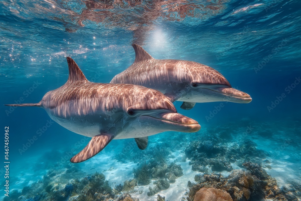 Naklejka premium Two Bottlenose Dolphins Swim Gracefully Together Over a Vibrant Coral Reef in Clear, Sparkling Tropical Waters