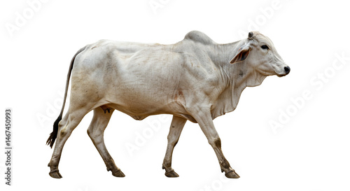 An isolated Zebu cow walks confidently across a black background, its white coat contrasting dramatically against the darkness, capturing a sense of strength and rural charm within its form.