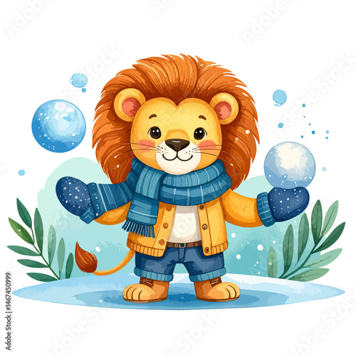 Adorable lion boy in winter clothes, scarf and mittens, playing with snowballs, watercolor 