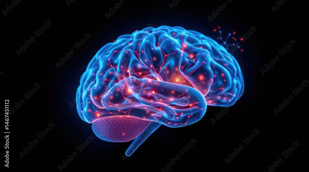 Glowing 3D human brain model with neural connections highlighted in red and blue Glowing 3D human brain model with neural connections highlighted in red and blue