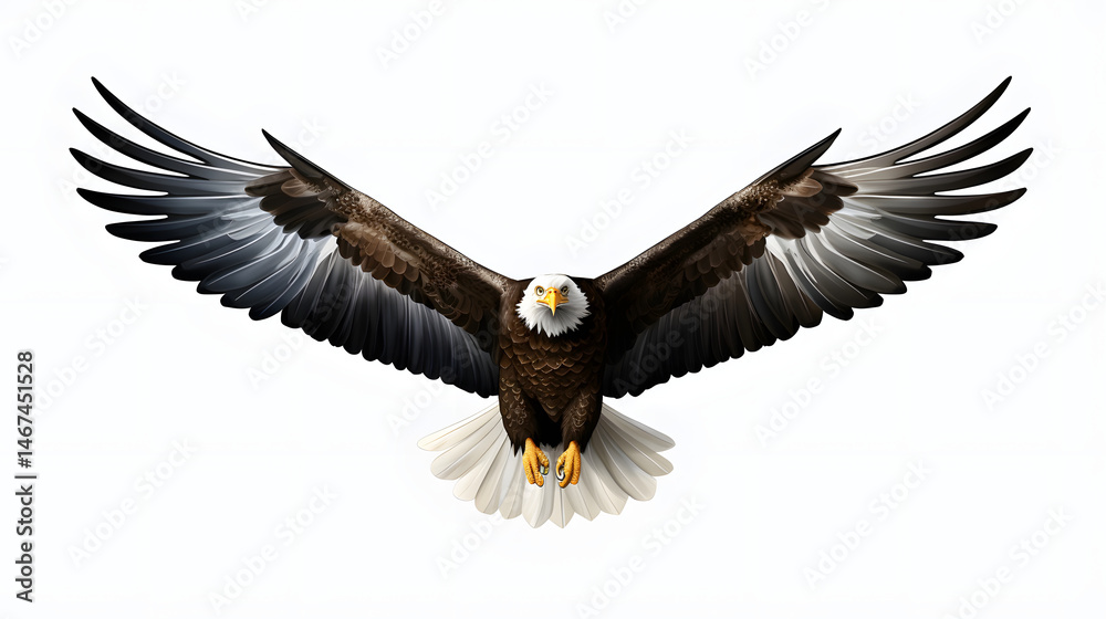 Fototapeta premium Professional Top View Bald Eagle Floating on White Background for Graphic Design Projects