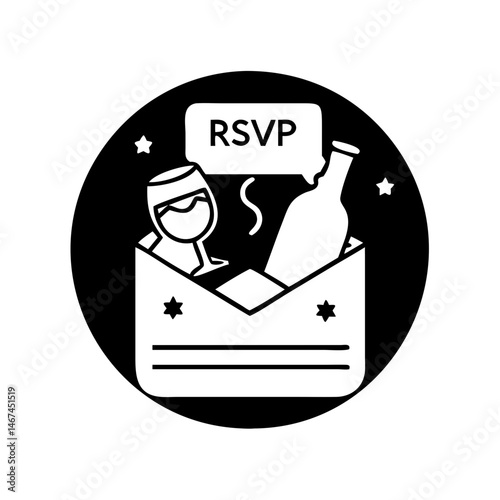 Invitation RSVP with Wine Bottle, Glass, and Stars in Envelope in Black and White