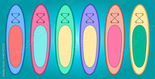 Colorful set of summer surfboard illustrations in various pastel and vibrant color combinations on a sea wave color gradient background. Ideal for summertime, ocean activity, and outdoor sports design