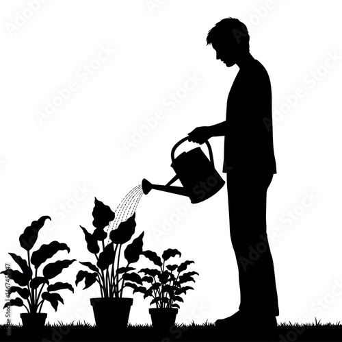 silhouette of young boy watering flowers