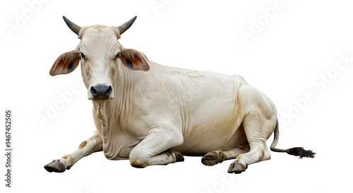 A serene depiction of a light-skinned cow in a relaxed pose, lying down on a transparent background, evokes feelings of tranquility and pastoral life, ideal for use in projects that need this style.