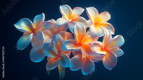White frangipani flowers with yellow and red highlights, dark blue background, vibrant colors