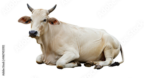A serene and tranquil image features a cream-colored cow lying peacefully against a transparent backdrop, its relaxed posture evoking a sense of calm and contentment in this artful illustration.