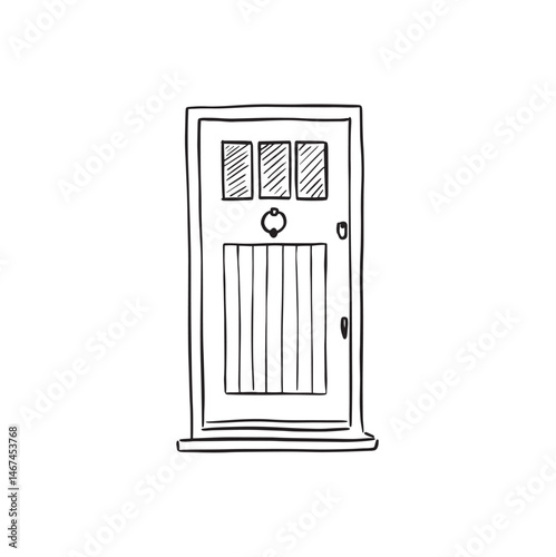 A front door of a terrace house with three windows and a door knocker. Drawn by hand in black sketch style. 