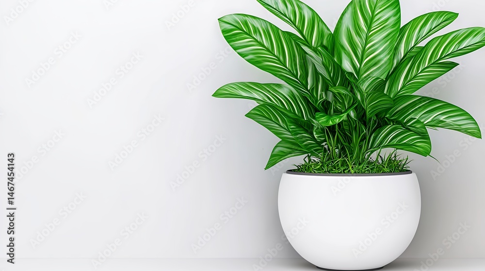 Fototapeta premium Vibrant Indoor Plant in White Pot Against Minimalist White Wall