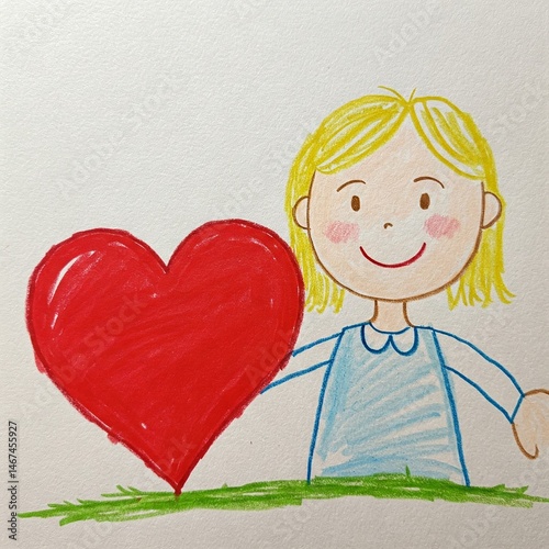 Cute child's colored pencil drawing: smiling blonde girl presents large red heart. Sweet handmade kids art for Mother's Day, Valentine's. Naive, heartfelt illustration on white paper.