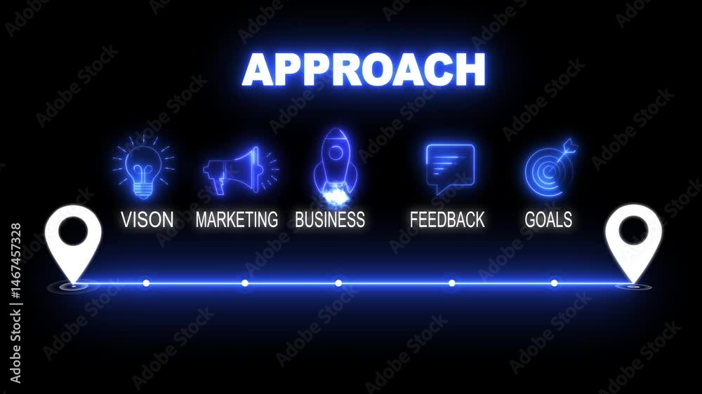 glowing neon approach concept with thin line icons on black background. Infographic design. Chart with animated icons. internet and target isolated on transparent background. glowing neon approach concept with thin line icons on black background. Infographic design. Chart with animated icons. internet and target isolated on transparent background.
