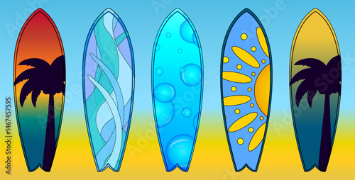 Summer vector surfboard set with tropical sunset, palm trees silhouettes, sun, water bubbles and wave patterns on a gradient background. Ideal for summertime, ocean activity, and outdoor sports design