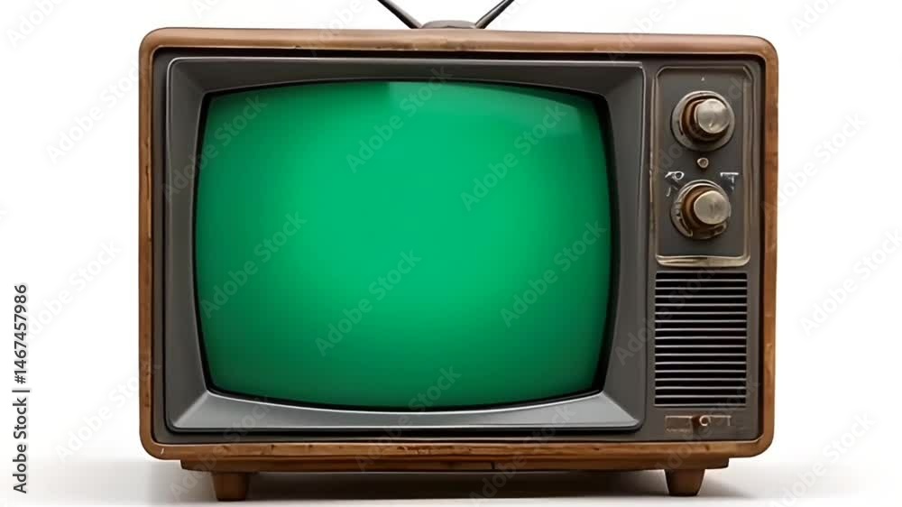 Old TV Green screen. Old television with green background isolated on white background . Zoom in. tv screen mockup, old tv screen green screen, use key light effect, Vintage Television,generativeAI